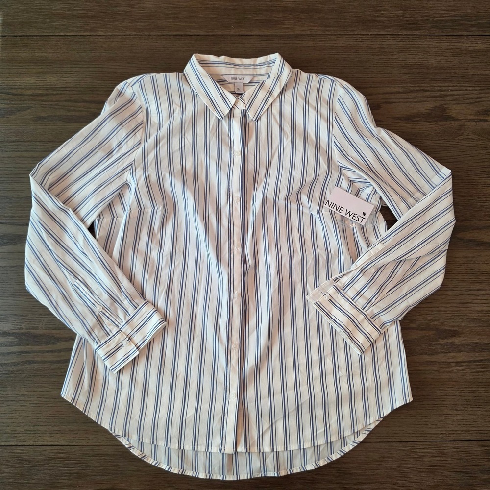 Nine West Womens XL Blue White Striped Long Sleeve Structured Button Down Shirt